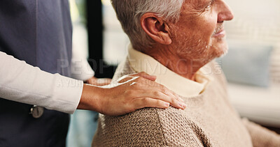 Buy stock photo Senior man, hands and nurse with patient in home for assisted living or healthcare in retirement. Caregiver, volunteer or touch with elderly male person for trust or health support in old age house