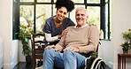 Portrait, caregiver and senior man with wheelchair for support, assistance and rehabilitation. Happy, nurse and elderly person with disability, healthcare recovery and wellness in retirement home