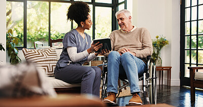Buy stock photo Tablet, help and wheelchair with old man and nurse for healthcare report, support or recovery plan. Online medical review, consulting or rehabilitation with senior person with a disability in home
