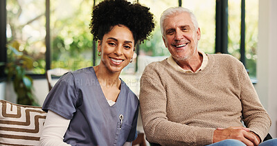 Buy stock photo Smile, portrait and nurse with old man on sofa in house for support, healthcare advice and help. Elderly care, medical assistance and happy with senior person and woman in living room of nursing home