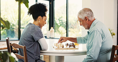 Buy stock photo Senior man, nurse or playing chess with board game for interaction or activity in retirement home. Caregiver, volunteer or assisted living with elderly patient for nursing tactics or problem solving