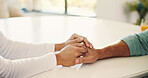 Nurse, holding hands or senior patient with empathy for understanding or comfort in retirement home. Closeup, people or caregiver with elderly person for nursing care, healthcare or assisted living