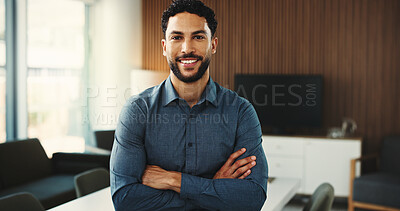 Buy stock photo Realtor, portrait or man in office with arms crossed, pride or experience as property seller. Smile, career or real estate agent in agency with confidence, job goals or profession in housing market.
