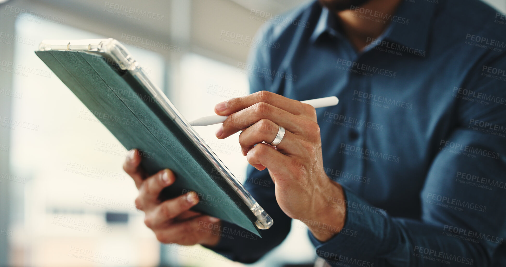 Buy stock photo Pen, tablet and hands of business man in office for finance review, investment and trading analyst. Stylus, financial advisor and person on digital tech for stock market trends, research and profit