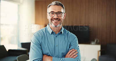Buy stock photo Realtor, portrait or man in agency with arms crossed, pride or experience as property seller. Smile, career or mature real estate agent with confidence, job goals or profession in housing market.
