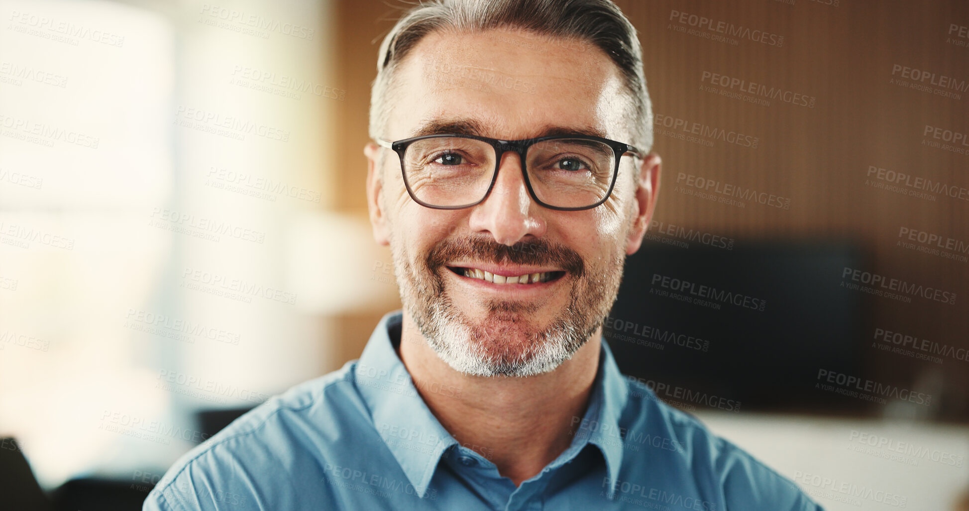 Buy stock photo Portrait, smile or man in office for real estate, pride or experience as property seller. Happy, mature person or realtor in agency with confidence, job goals or profession in housing market.
