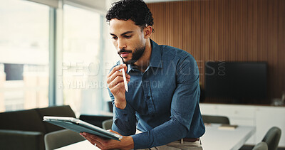 Buy stock photo Thinking, tablet and business man in office for finance review, investment and trading analyst. Thoughtful, financial advisor and person on digital tech for stock market trends, research and profit