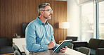 Thinking, corporate and man with tablet in office for solution, real estate, research and listing. Mature realtor, digital and ideas for expansion negotiation, resale opportunity and viewing schedule
