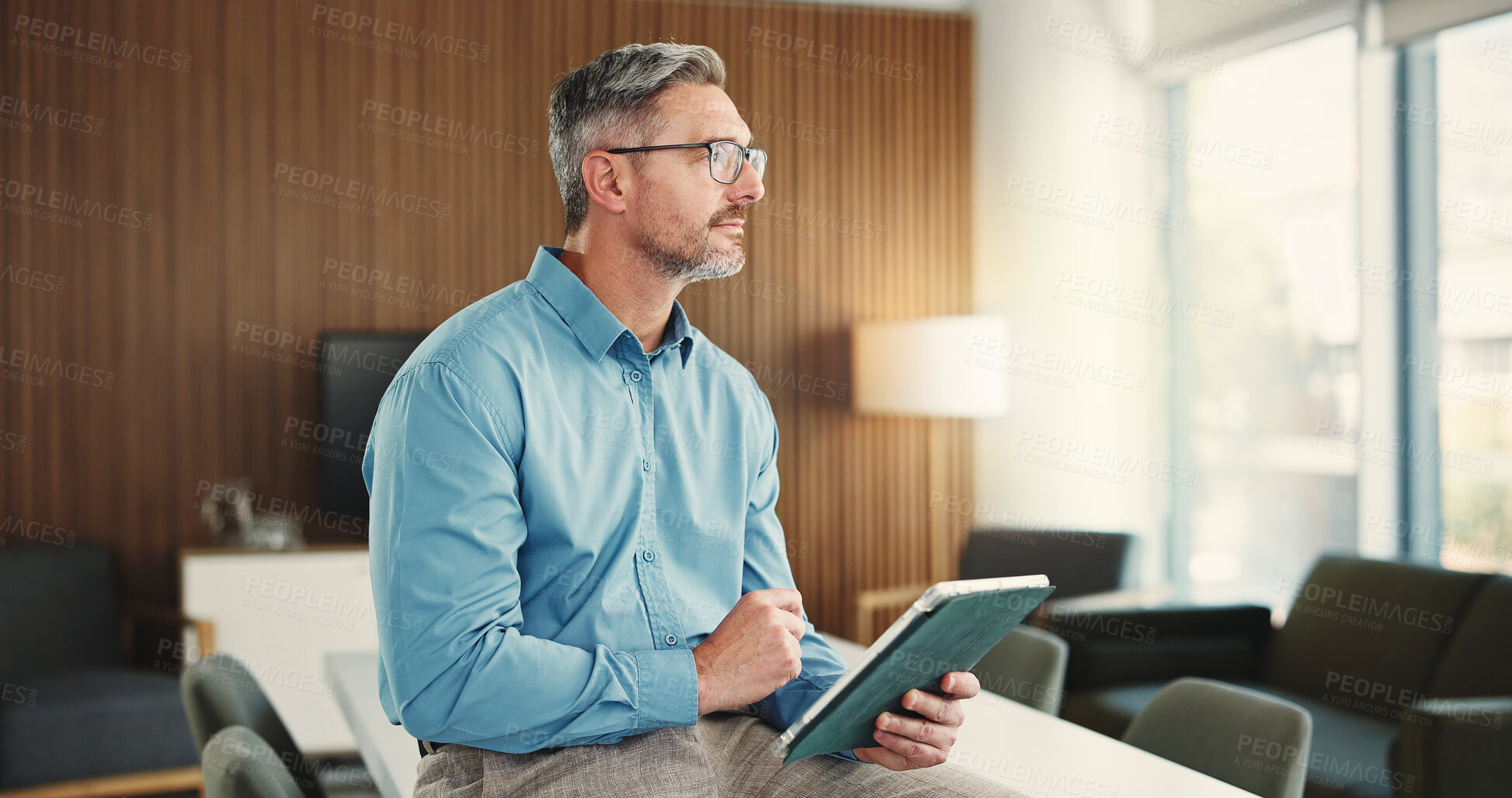 Buy stock photo Thinking, corporate and man with tablet in office for solution, real estate and listing research. Mature realtor, digital and ideas for expansion negotiation, resale opportunity and viewing schedule
