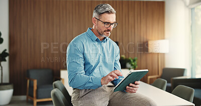 Buy stock photo Scroll, tablet and mature business man in office for finance review, investment and trading analyst. Boardroom, financial advisor and person on digital tech for stock market news, research and profit