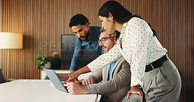 Buy stock photo Investor, teamwork and people in office, laptop and conversation with email notification. Broker, men and woman in workplace, pc or feedback for profit growth, internet and finance report for trading