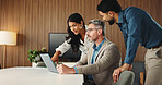 Laptop, meeting and manager with business people in office for finance report with budget plan. Computer, feedback and financial advisors with investor for investment proposal with deal in workplace.