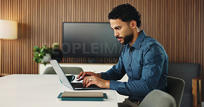 Buy stock photo Office, typing and man with laptop for business plan, editing or development of creative ideas. Thinking, technology and consultant for online report, review or research project at digital agency