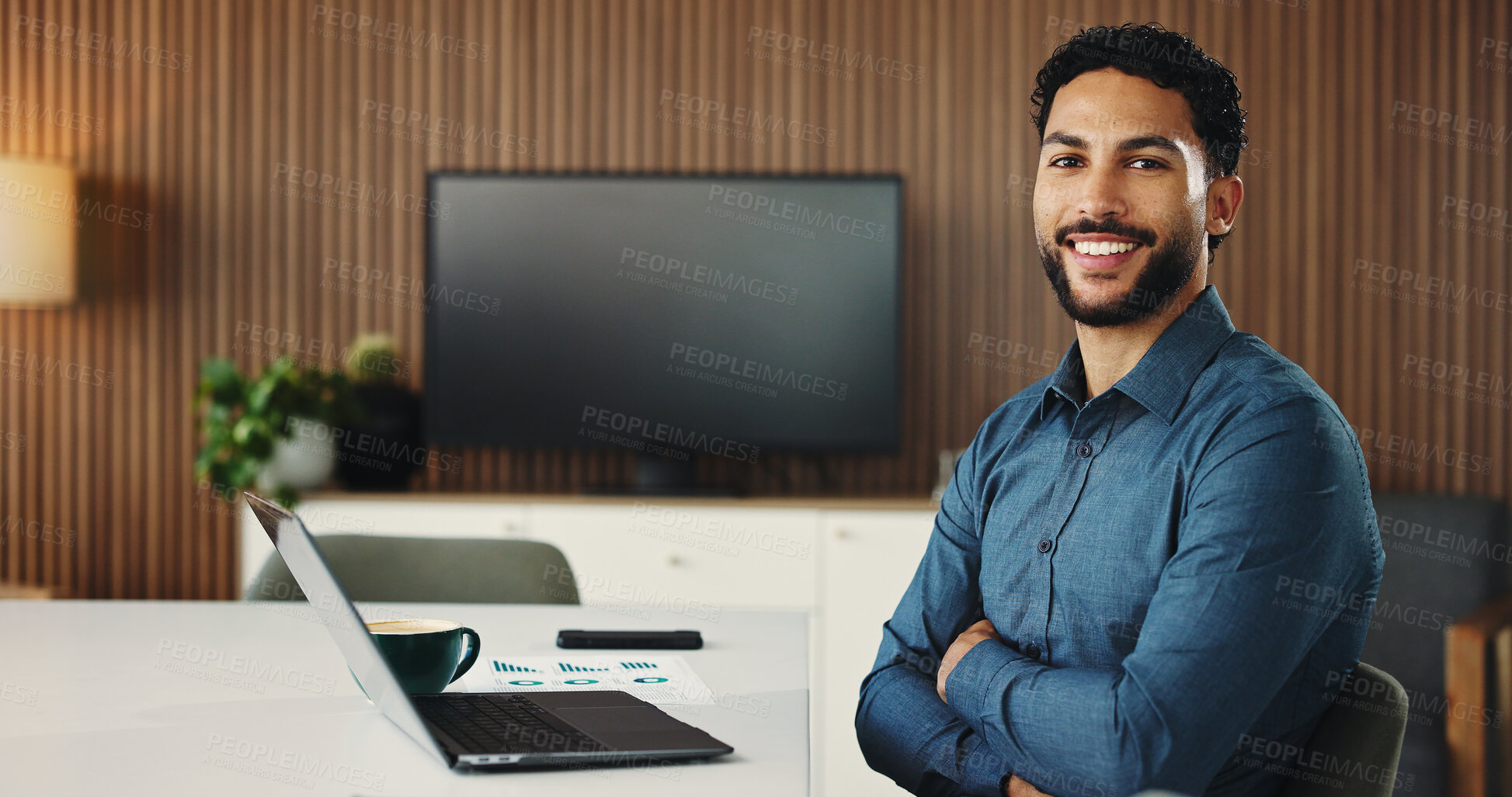 Buy stock photo Office, portrait and man with laptop for business plan, editing or development of creative ideas. About us, technology and consultant for online report, review or research project at digital agency