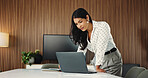 Media agency, reading and woman in office, laptop and email for manuscript submission. Person, employee and journalist in workplace, pc or column for website blog, magazine editor or creative project