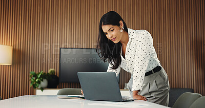 Buy stock photo Media agency, reading and woman in office, laptop and email for manuscript submission. Person, employee and journalist in workplace, pc or column for website blog, magazine editor or creative project