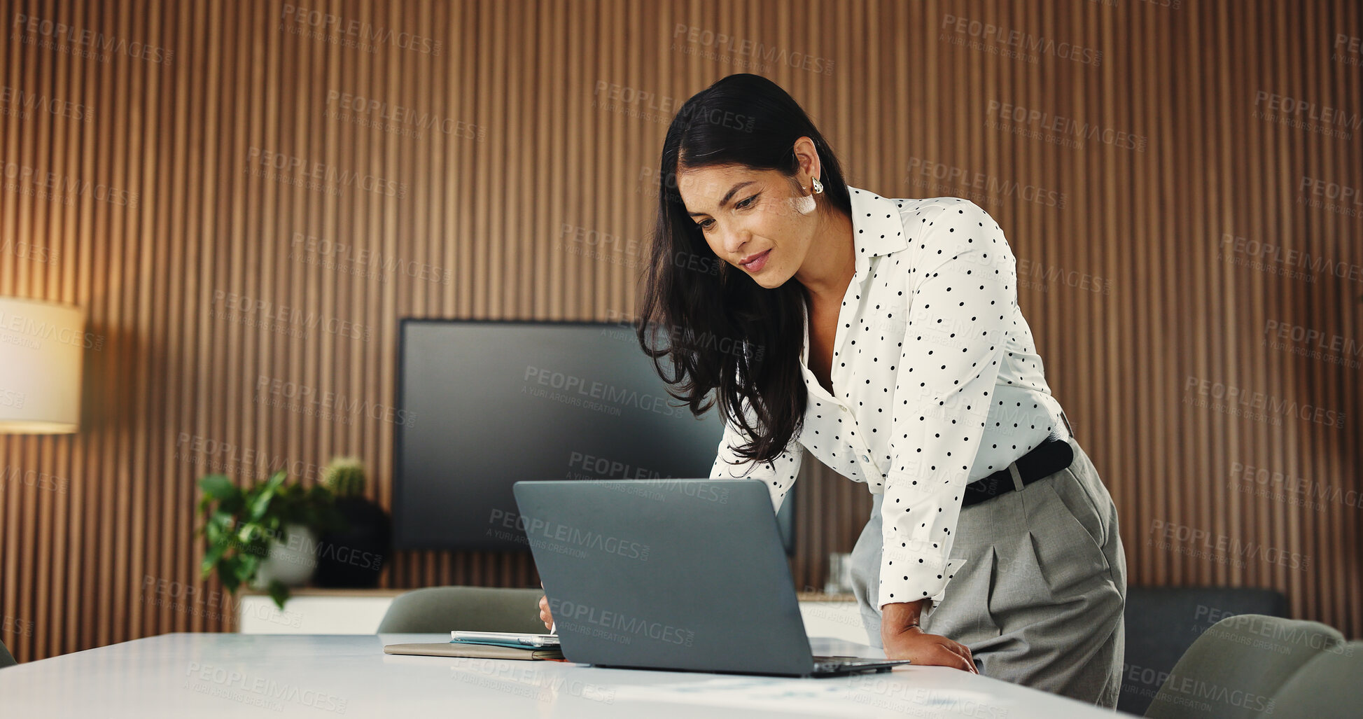 Buy stock photo Media agency, reading and woman in office, laptop and email for manuscript submission. Person, employee and journalist in workplace, pc or column for website blog, magazine editor or creative project