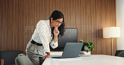 Buy stock photo Media agency, thinking and woman in office, laptop and email for article submission. Person, decision and journalist in workplace, pc or column for website blog and magazine editor for news report
