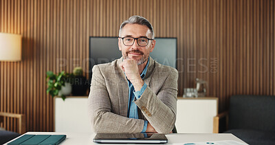 Buy stock photo Portrait, business and man with laptop in office for career pride, about us and accounting company. Smile, mature person and consultant with ambition, finance results and confidence for profit growth