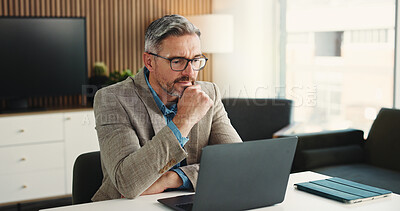 Buy stock photo Reading, online and man with laptop, office and decision for risk assessment on website or research. Financial analyst, reflection and mature person with tech for budget review and wealth management