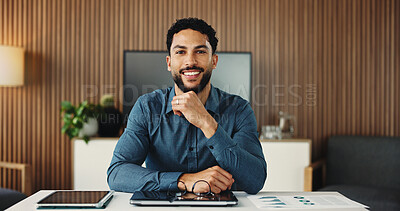 Buy stock photo Portrait, business and man with smile in office for career pride, about us and accounting company. Male person, laptop and consultant with ambition, finance results and confidence for profit growth