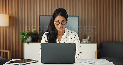 Buy stock photo Business, woman and reading with laptop in office for accounting, finance report and data analysis. Smile, female person and pc for budget planning, financial results and email on investment proposal