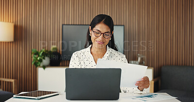 Buy stock photo Business, woman and document with laptop in office for accounting, finance report and data analysis. Female person, paperwork and pc for budget review, financial comparison and investment proposal