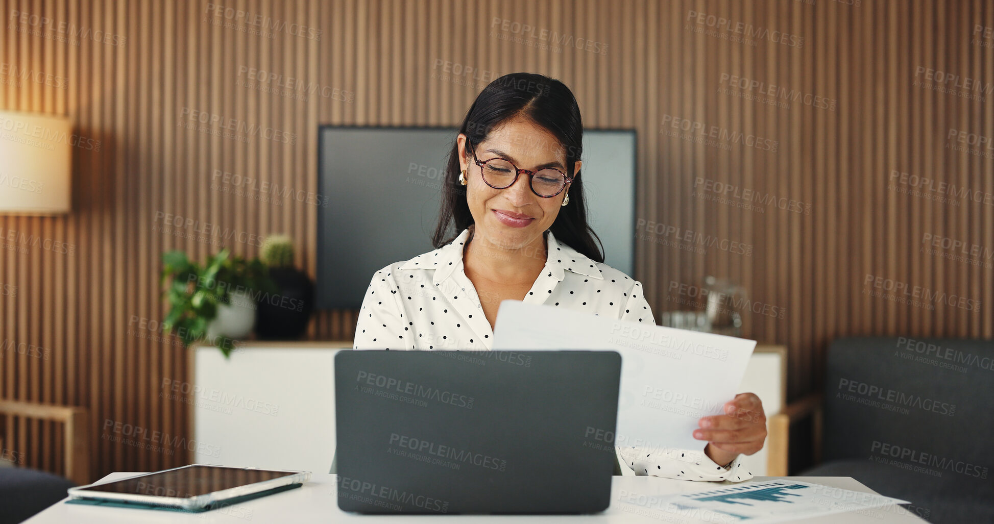 Buy stock photo Business, woman and document with laptop in office for accounting, finance report and data analysis. Female person, paperwork and pc for budget review, financial comparison and investment proposal