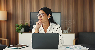 Buy stock photo Thinking, laptop and research with business woman in office for planning, reflection and branding data. Vision, campaign performance and online review with person in agency for brainstorming