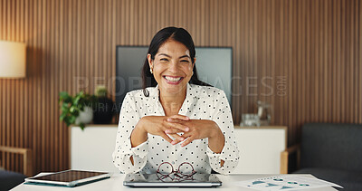 Buy stock photo Portrait, business and woman with smile in office for career pride, about us and accounting company. Female person, laptop and consultant with ambition, finance results and happiness of profit growth