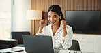 Laptop, excited and businesswoman in office with fist pump for finance achievement with report. Happy, computer and female financial advisor with celebration for investment approval in workplace.