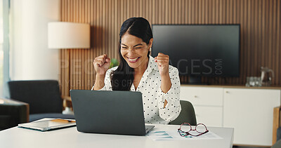 Buy stock photo Laptop, happy and businesswoman in office with fist pump for finance achievement with report. Excited, computer and female financial advisor with celebration for investment approval in workplace.