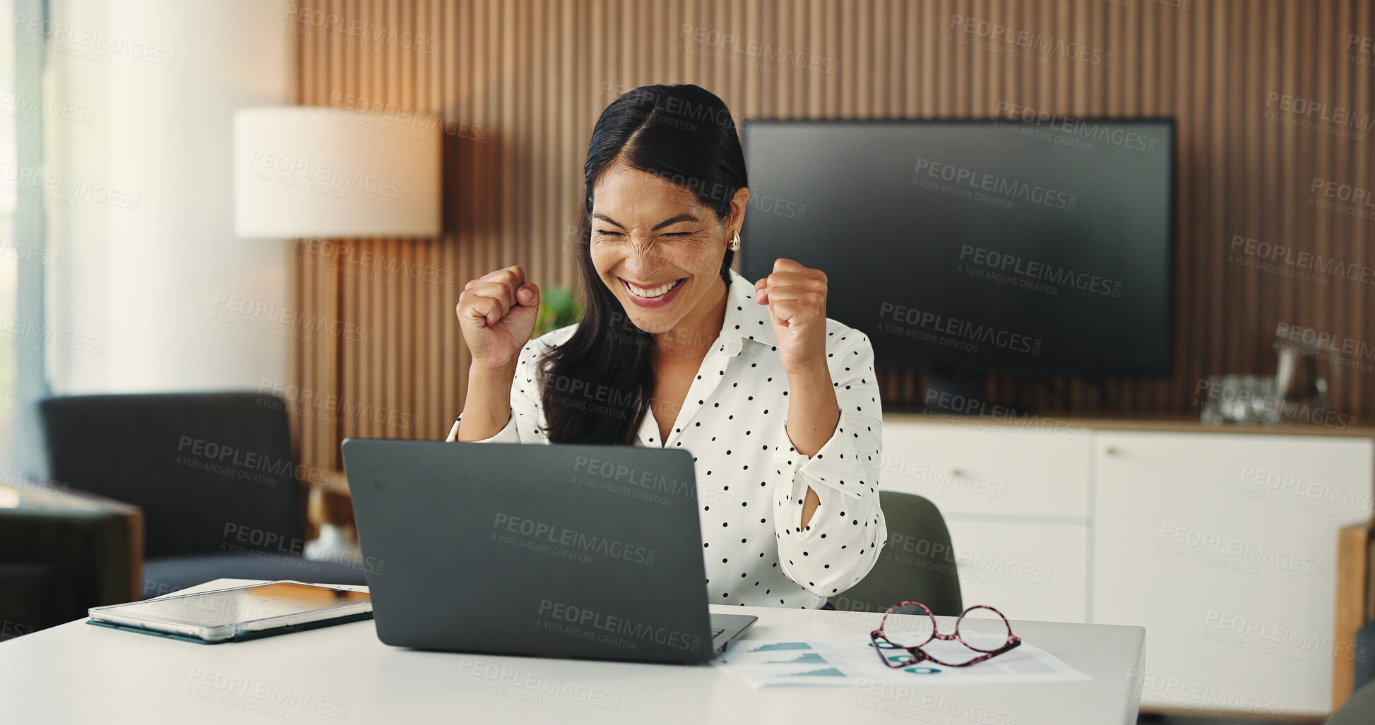 Buy stock photo Laptop, happy and businesswoman in office with fist pump for finance achievement with report. Excited, computer and female financial advisor with celebration for investment approval in workplace.