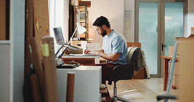 Buy stock photo Writing, supply chain and businessman in office with boxes for information with delivery, cargo or freight. Service, ecommerce and male logistics manager with shipping export schedule in workplace.