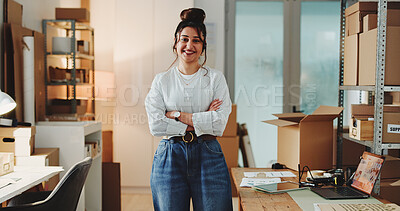 Buy stock photo Ecommerce, portrait or woman with arms crossed for startup, confident entrepreneur or logistics supplier. Supply chain, distribution office or person with pride for career, smile or small business