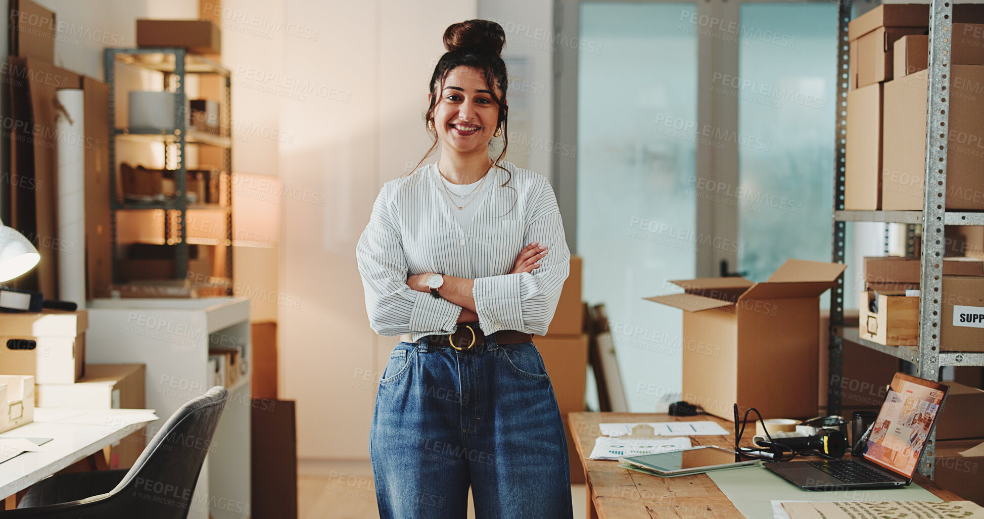 Buy stock photo Ecommerce, portrait or woman with arms crossed for startup, confident entrepreneur or logistics supplier. Supply chain, distribution office or person with pride for career, smile or small business