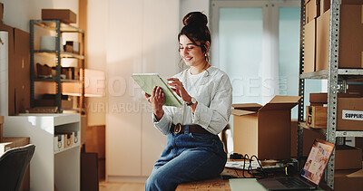 Buy stock photo Ecommerce, happy woman and scroll in office with tablet for online order, good review or customer feedback. Person, browse or smile in workplace with tech for logistics, client satisfaction or email.