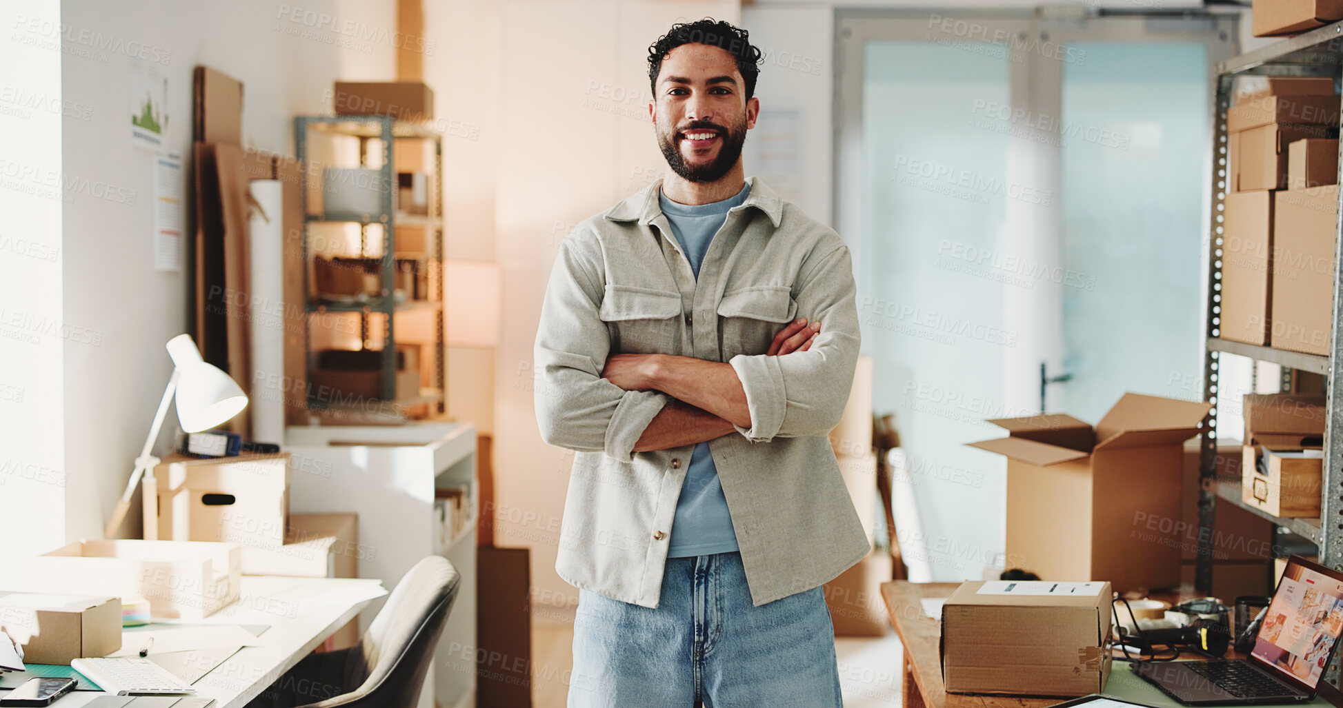 Buy stock photo Ecommerce, portrait or happy man with arms crossed for startup, confident or logistics supplier. Supply chain, stock distribution office or entrepreneur with pride for career, small business or smile