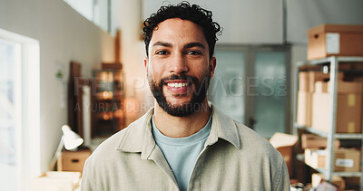 Buy stock photo Happy, logistics and portrait of man in office for dropshipping, freight or distribution startup. Smile, confident and male supply chain manager with small business for export delivery in workplace.