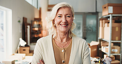 Buy stock photo Happy, supply chain and portrait of woman in office for dropshipping, freight or distribution startup. Smile, confident and mature female logistics manager with small business for export delivery.