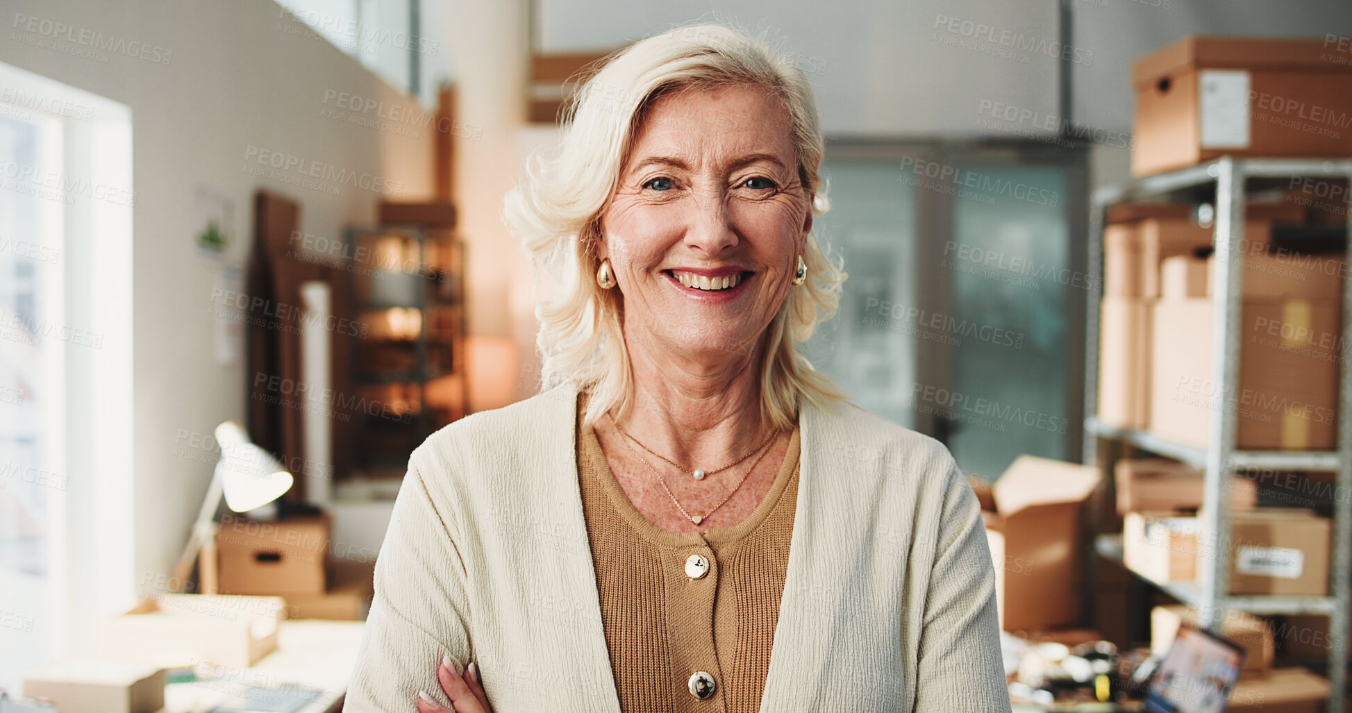 Buy stock photo Happy, supply chain and portrait of woman in office for dropshipping, freight or distribution startup. Smile, confident and mature female logistics manager with small business for export delivery.