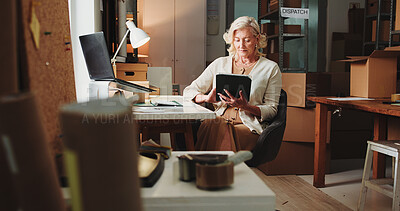 Buy stock photo Ecommerce, woman and reading in office with tablet for online order, process sales or shipping feedback. Mature person, scroll or email in workplace with tech for logistics, supply chain or delivery.