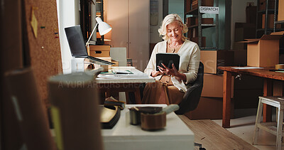 Buy stock photo Ecommerce, happy woman and reading in office with tablet for online order, good review and client email. Mature person, smile and tech in workplace for logistics, customer satisfaction and feedback.