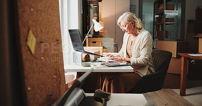 Buy stock photo Ecommerce, woman and typing in small business with laptop for online order, process sales or shipping. Mature person, browsing and check email in workplace with computer, logistics and delivery info.