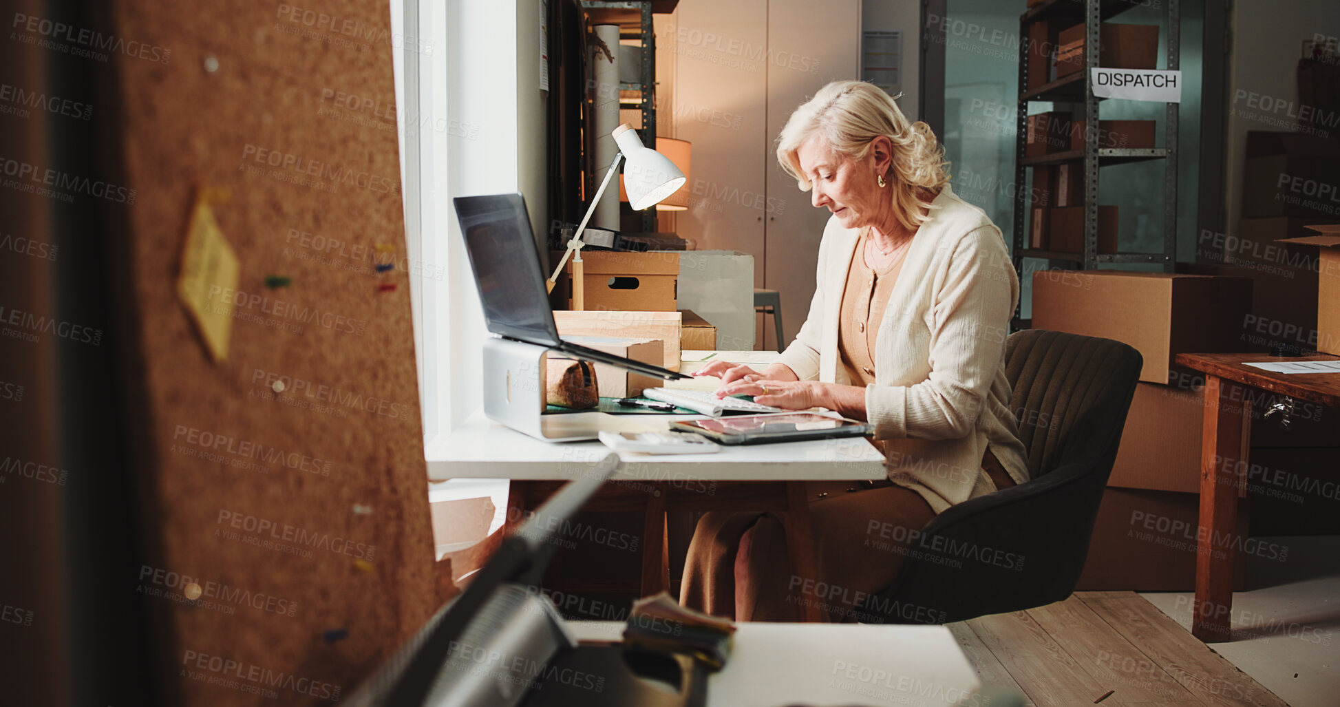 Buy stock photo Ecommerce, woman and typing in small business with laptop for online order, process sales or shipping. Mature person, browsing and check email in workplace with computer, logistics and delivery info.