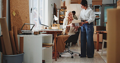 Buy stock photo Logistics, startup and women with box, talk and planning for order, inventory and quality assurance. Package, inspection and supply chain in warehouse, review and people with goods for distribution