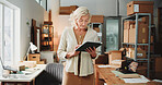 Startup, logistics and woman with tablet, scroll and order review on website, ecommerce and shipping. Browsing, online and mature person with tech for stock inventory, delivery and goods distribution