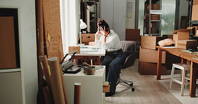Buy stock photo Logistics, tired or woman in office with headache, stress or operation mistake in small business. Distribution, fatigue or supplier with migraine, shipping loss or admin fail in startup management.