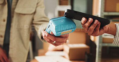 Buy stock photo Ecommerce, hands and phone with POS machine for transaction, fintech payment and customer purchase. People, tech and tap to pay with internet banking for checkout process, B2C connection and sales.