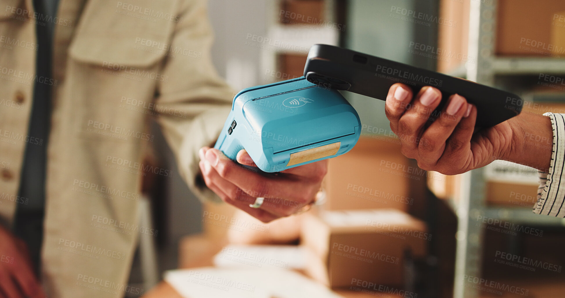 Buy stock photo Ecommerce, hands and phone with POS machine for transaction, fintech payment and customer purchase. People, tech and tap to pay with internet banking for checkout process, B2C connection and sales.
